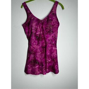 Islander Purple Gold Floral Lightly Padded Skirted One Piece Swimsuit Size 10